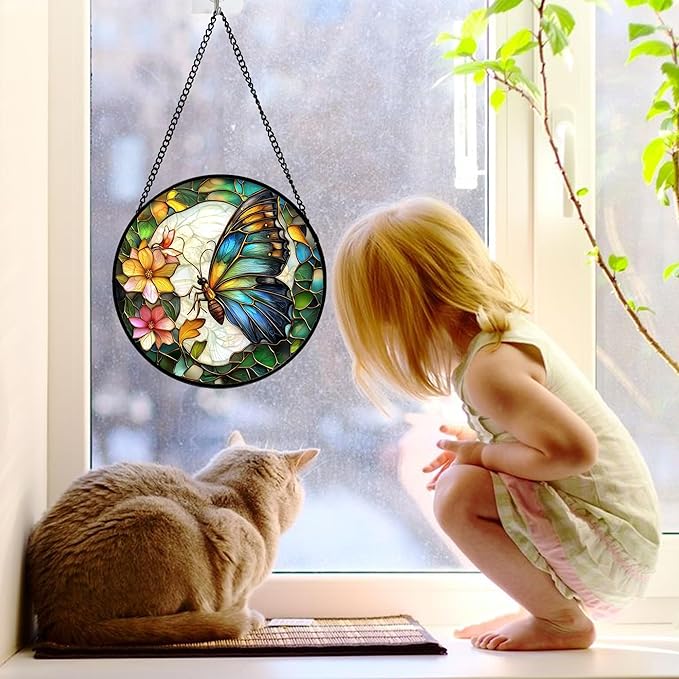 DASTOLL Stained Glass Window Hanging, Butterfly Flower Sun Catchers Diamond Glass Panel Hangings Insect Suncatcher Decor for Birthday for Women, Men, Wife, Aunt, and Mom 7.8 in