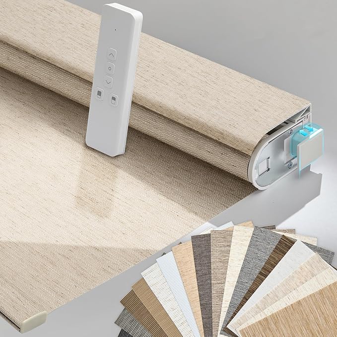 Persilux Smart Motorized Blinds with Remote, No Drill Automatic Roller Shades for Indoor Windows, Light Filtering Linen Fabric, Electric Blinds for Windows, Linen Beige C156-2, Custom Size
