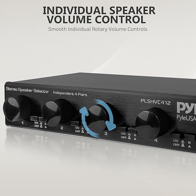 Pyle 4 Channel High Power Stereo Speaker Selector with Volume Control - Rugged and Durable Housing Construction, Cabinet Heat Sink, Plug and Play Easy Install - PLSHVC412