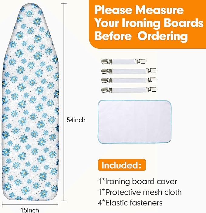 Ironing Board Cover and Pad, 15x54 Standard Size Thick Iron Padding, Scorch & Stain Resistant Ironing Board Cover, Heavy Duty Iron Board Padded with Adjustable Fasteners Durable Elastic Edge, Daisy