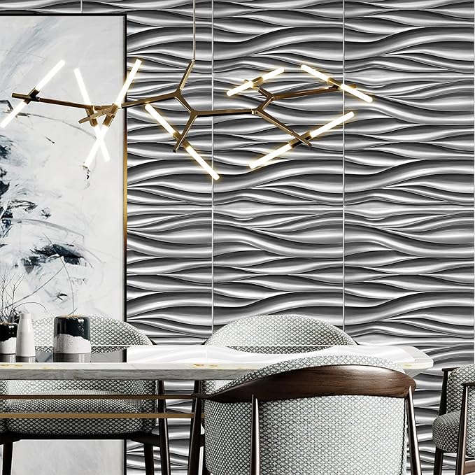 STICKGOO 3D Wall Panels, Brushed Silver Decorative Wall Covering Panels, Wave Wall Panels for Interior Wall Decor, PVC Accent Tiles for Living Room, TV Backdrop