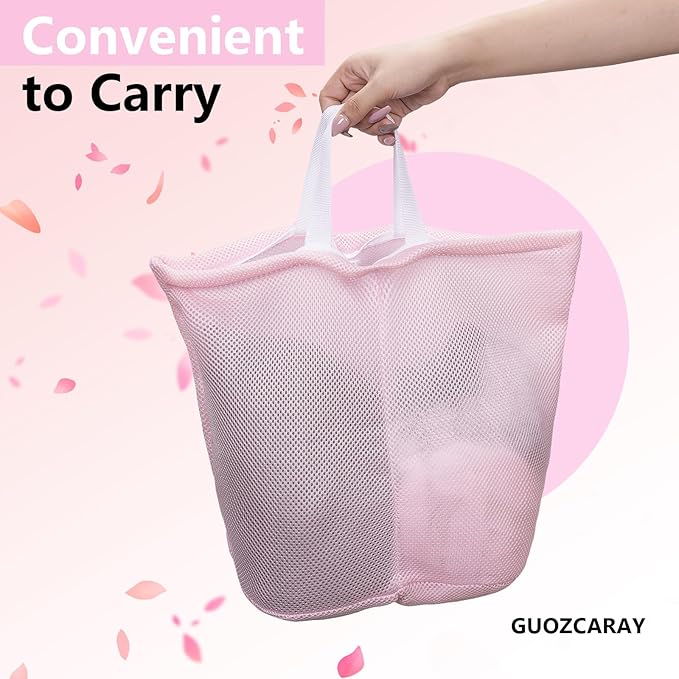 Guozcaray laundry bag with handles mesh laundry bags washing machine laundry totes travel storage and sorting bag for Clothes laundry bag for delicates(Pink)