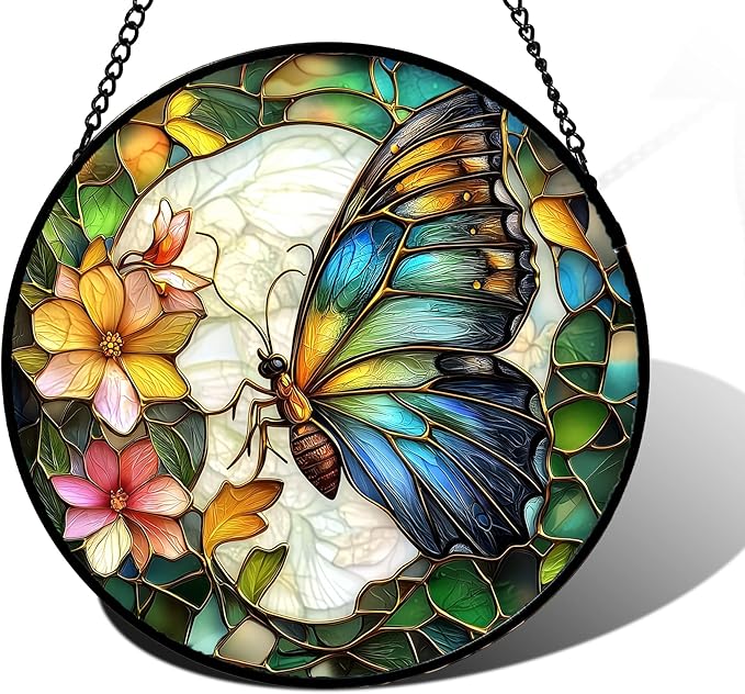 DASTOLL Stained Glass Window Hanging, Butterfly Flower Sun Catchers Diamond Glass Panel Hangings Insect Suncatcher Decor for Birthday for Women, Men, Wife, Aunt, and Mom 15x15 in