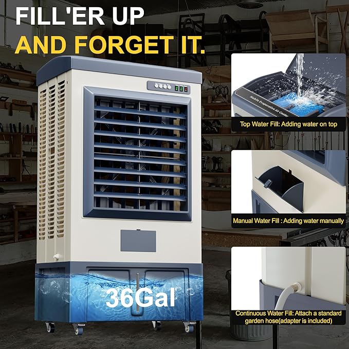 Landeagle 56″ Swamp Cooler Air Conditioner, 8979CFM Portable Evaporative Coolers with 35.5 Gal Tank,120°Oscillation, Outdoor Cooling Fan with Continuous Auto Fill for Patio Garage Industry Commercial