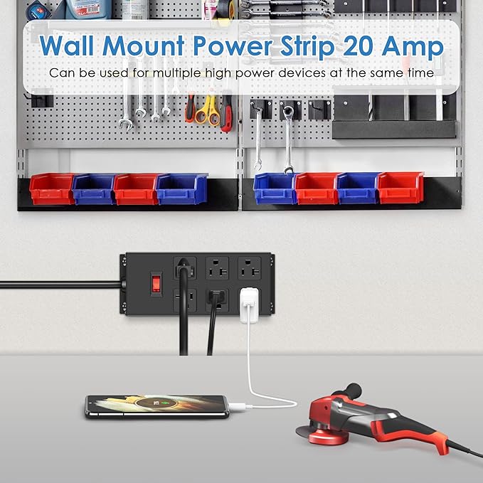 JUNNUJ 20 Amp Power Strip Heavy Duty 2 Pack, Garage 6 Outlets Metal 12 Gauge Surge Protector 3000J, High Amp 5-15P Adapter Shop 6-20R T-Slot Industrial (6AC 2-Pack, 4FT)