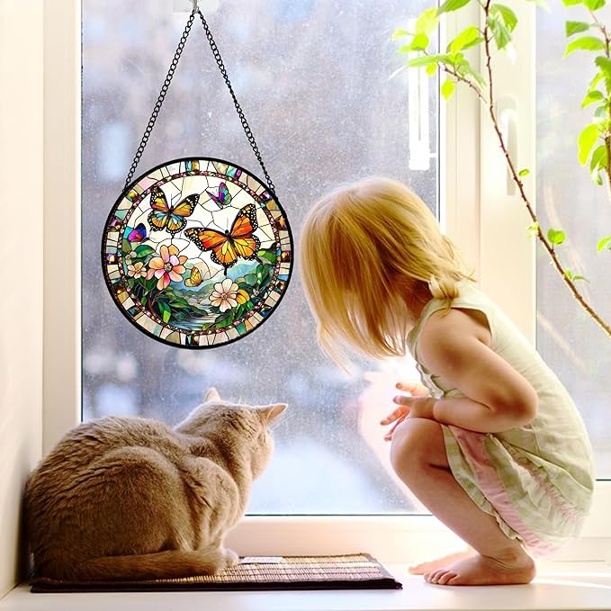 DASTOLL Stained Glass Window Hanging, Butterflies Flying in The Sky Suncatcher for Doors Home Sun Catchers Decoration and Christmas, Mother's Day Birthday Gifts for Women, Men, and Mom 6.3 in