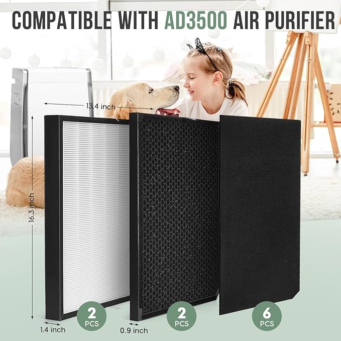 3500 Filter Replacement Set Compatible with AD3500/3500i Air Purifier, 2 Efficiency Filter + 2 Carbon Filter + 6 Pre-Filters, 10-Pack