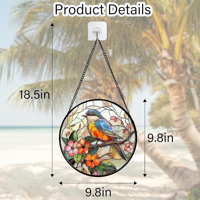 DASTOLL Stained Glass Window Hanging, Blue Bird Pink Flower Suncatcher Diamond Glass Panel Bird Sun Catchers Decor for Birthday for Women, Men, Wife, Aunt, and Mom 9.8 in