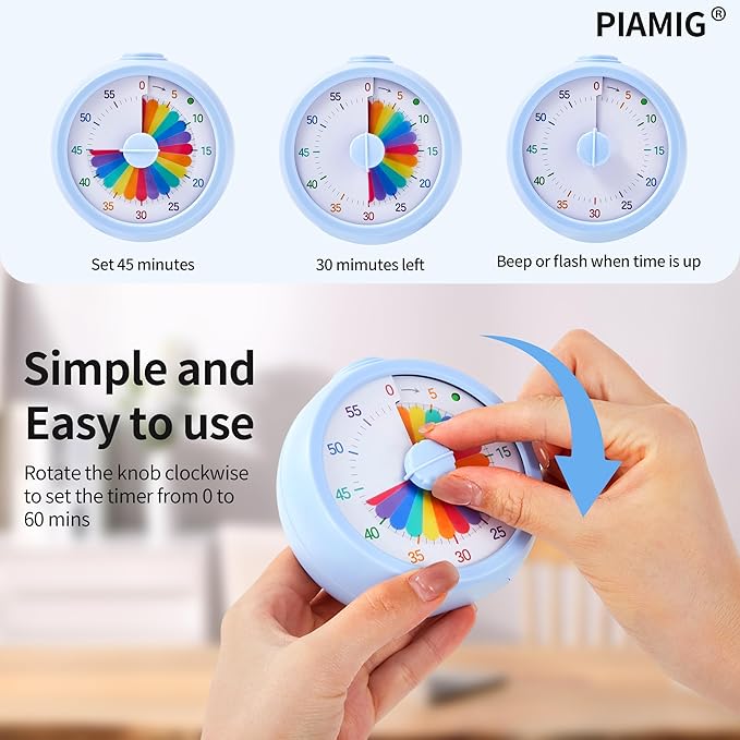 PIAMIG Visual Timer, 60-Minute Countdown Timer for Kids and Adults with Adjustable Volume, Rainbow Design Time Management Tools with Silent Operation, Suitable for Classroom, Office and Home (Blue)