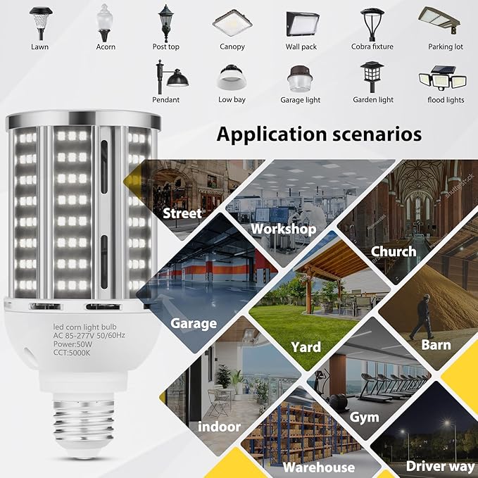 YANYCN 50W 2 Pack LED Corn Light Bulb,5000K Daylight 6500LM(500W Equivalent) Commercial GradeE26/E39 Medium Mogul Base LED Lamp,Large Area Lights for Outdoor Indoor Garage Warehouse Factory Bay Light