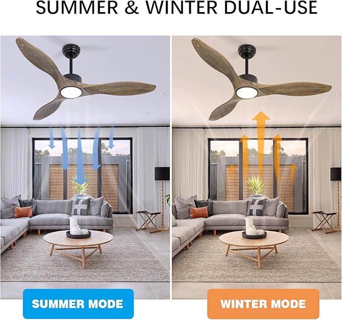 revoici Ceiling Fans with Lights Remote, 52inch Solid Amber Wood Ceiling Fan, 3 Blades Reversible DC Motor 3CCT Dimmable Lighting 3-Timer for Living Room Bedroom Farmhouse Patio