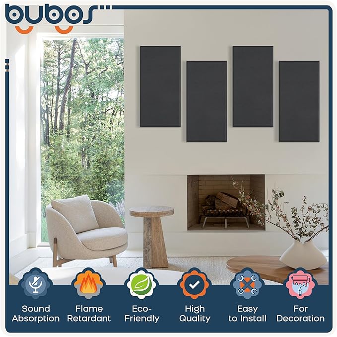 BUBOS 4 PCS Fabric Acoustic Panels,23.6''x11.8''x2'' Sound Proof Panels for Walls,Self-adhesive Soundproof Wall Panels for Echo Absorption for Home Studio Office,Standard CavityPro Black