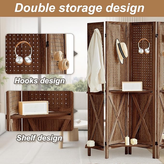 Aleesing 4 Panel Pegboard Display with 16 Hooks, Wooden Pegboard Room Divider Wall with Shelf, Partition Room Dividers and Folding Privacy Screens, Bedroom, Jewelry Store, Brown