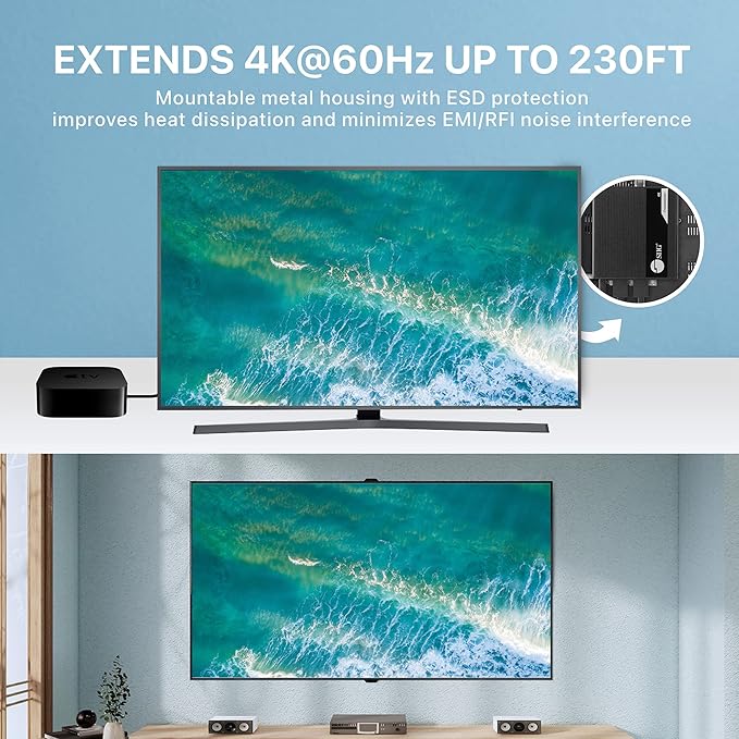 SIIG 4K HDMI Extender Balun Over CAT6/7 - Up to 230ft (70m), 4K@60Hz, Loopout, HDCP 2.2, Near Zero Latency, EDID Learning, ARC & Audio Extractor, Two-Way IR, ESD Protection (CE-H26L11-S1)