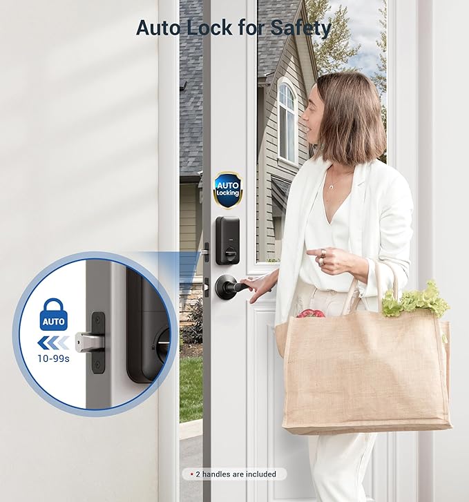Veise Fingerprint Door Lock with 2 Lever Handles - Keyless Entry Door Lock, Electronic Keypad Deadbolt, Digital Smart Code & Front Handle Sets, Auto-Locking, Easy Installation, Matte Black