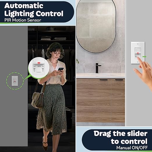 TOPGREENER Occupancy/Vacancy PIR Motion Sensor Light Switch, CDS Sensor with Learning Function, No Neutral Required, 200W Incandescent / 150W LED Load, UL Listed, Screwless Wall Plate, White, 4 Pack