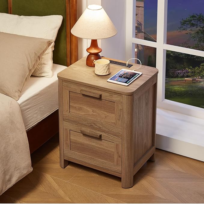 Joaxswe Farmhouse Nightstand Set of 2 with Charging Station, End Tables Bedroom with 2 Large Drawers & 4 Thickened Table Legs, Dark Wood