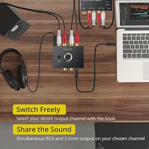 PROZOR 3.5mm & RCA Bi-Directional Audio Switch, 2-in-1-Out / 1-in-2-Out Passive Splitter with Volume Knob & Mute Button, Stereo L/R Audio Switcher Selector Box for Headphones, Amplifiers, Speakers