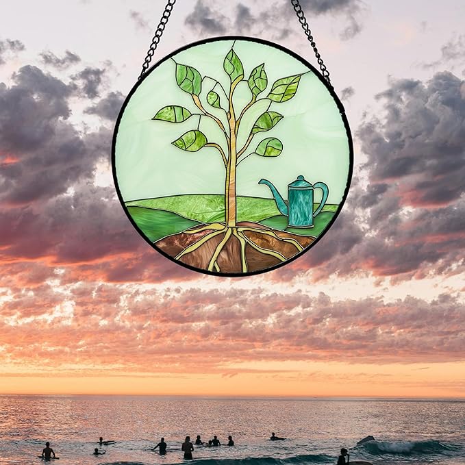 AMDERVEN Stained Glass Window Hanging 4 Pcs Set Pink Green Spring Saplings Flowers 7.8" - Suncatcher Door Garden Sun Catcher Home Decor Mother's Day for Woman Nana Mom Men