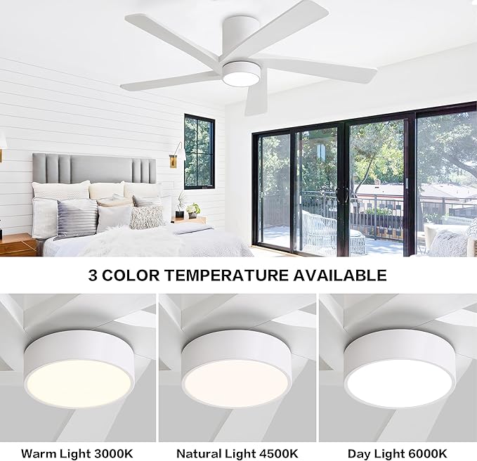 WINGBO 48 Inch Flush Mount DC Ceiling Fan with Lights and Remote, 5 Reversible Carved Wood Blades, 6-Speed Noiseless DC Motor, Hugger Ceiling Fan in White Finish, Low Profile Ceiling Fans, ETL Listed