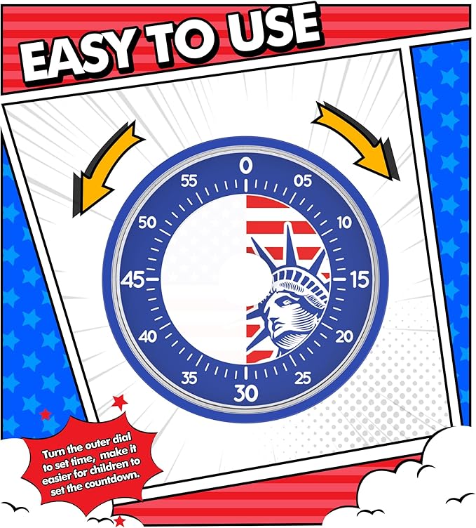 Rosenpatio Visual Timer for America Flag - Timers for Classroom Teachers 60 Minutes Countdown Home School Study Tool, Non-Ticking Rotating Timer for Exam Work Kitchen Office Gym, 1 Pack