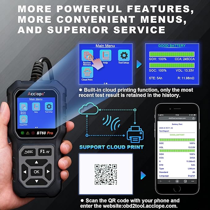 Acclope BT60 Pro Car Battery Tester, Digital Analyzer with Cloud Printing, 6V/12V/24V Battery Checker for AGM, Lithium, Gel Batteries, 100-3000 CCA Range, Automotive Charging System