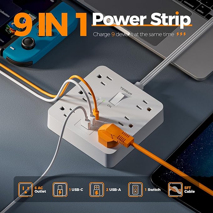 Surge Protector Power Strip with 1700 Joules Protection, TESSAN 5FT White Extension Cord with 6 AC Outlets, 3 USB Ports(1 USB C), Multiple Outlets Flat Plug Power Strip, for Home Office Dorm
