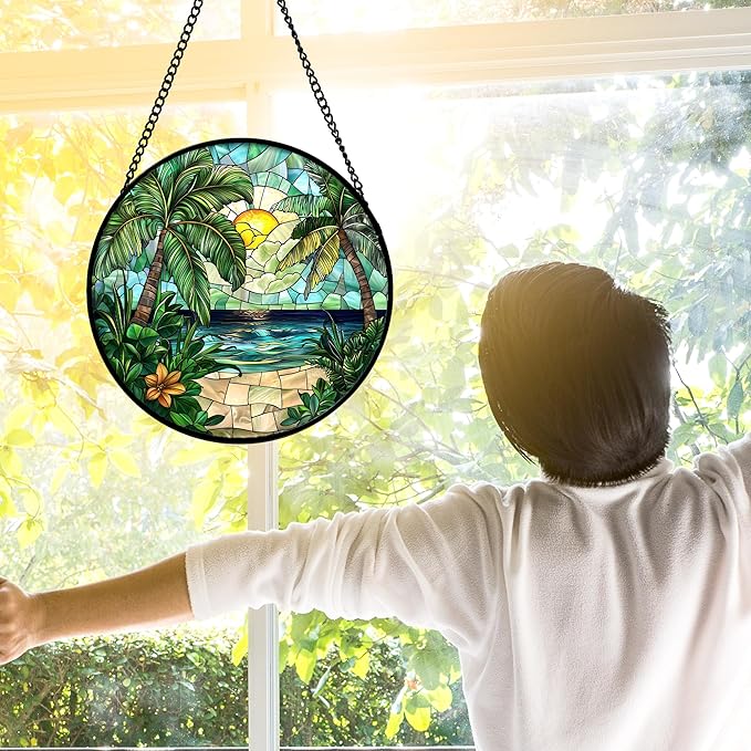 DASTOLL Stained Glass Window Hanging, Green Beach Scenery Suncatcher Diamond Glass Panel Hangings Sun Catchers Decor for Birthday for Women, Men, Wife, Aunt, and Mom 9.8 in