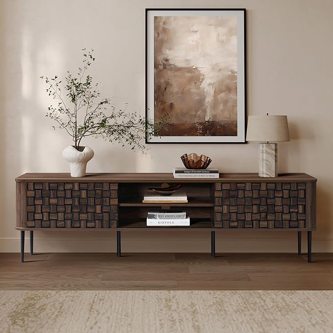 LuxenHome TV Stand for Living Room up to 80'' TVs, 71" Mid Century Modern Dark Oak Finish Wood with Basket Weave Design Entertainment Center with Storage, Media Console TV Console Cabinet for Entryway