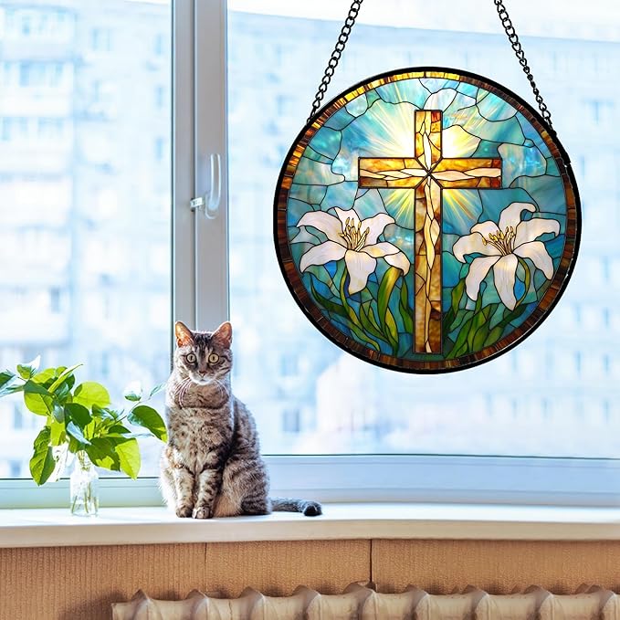 DASTOLL Christian Gifts for Women - Cross Stained Glass Window Hanging Jesus Easter White Lily Flower Sun Catcher Garden Religion Decor Mother's Day Catholic Gift for Men Grandma Mom Her Nana 7.8"