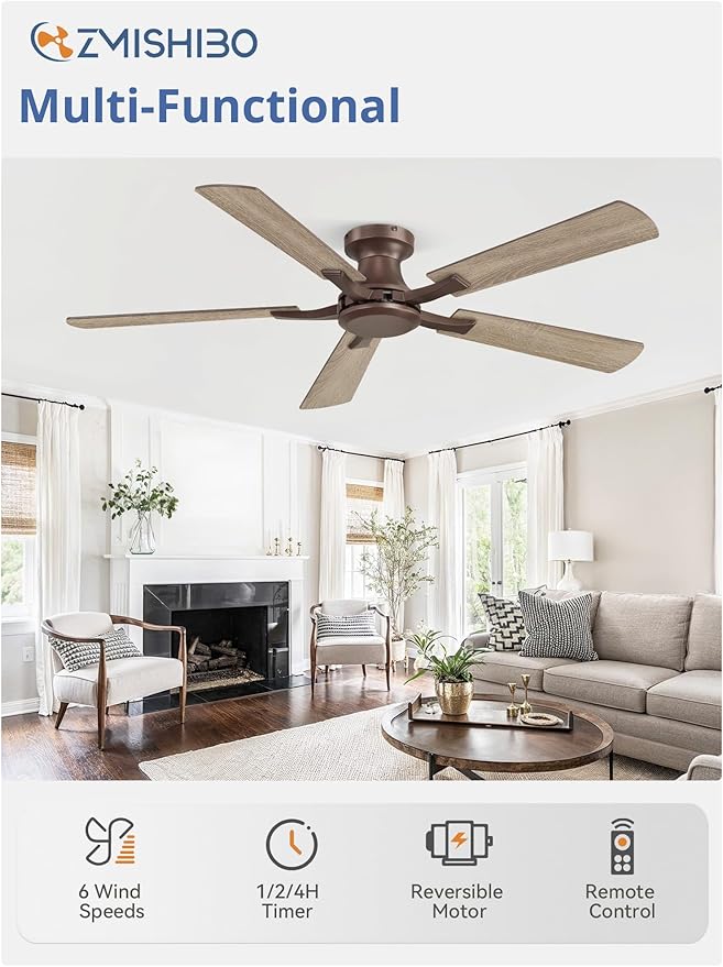 ZMISHIBO 52 Inch Ceiling Fan No Light, Flush Mount Low Profile, Farmhouse Brown Ceiling Fan Without Light, Remote Control & Quiet DC Motor, for Indoor&Outdoor, Bedroom, Living Room