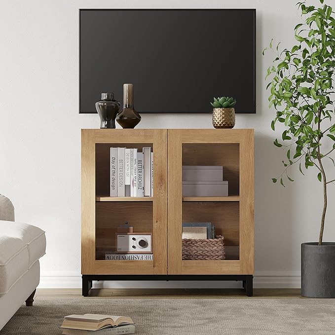 WAMPAT Modern TV Stand with Glass Doors for 32-40 inch TVs, Entertainment Center Console with Adjustable Shelves for Living Room, Bedroom, Oak