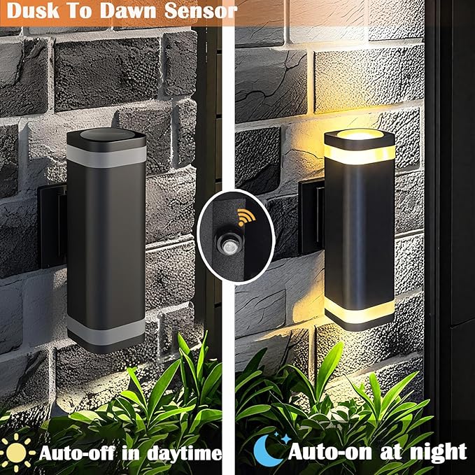 rosykite LED Outdoor Wall Sconce, Dusk to Dawn Outdoor Lighting Fixture, Modern Up Down Porch Lights ETL Listed, Aluminum Exterior Wall Lights for Garage Door,House,Patio 2 Pack