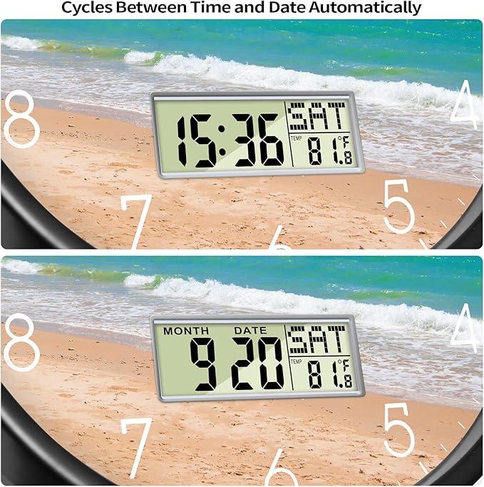 Modern Wall Clocks with Calendar and Date Ocean Wave Sea Beach Digital Clock Large Display Non-ticking Kitchen Silent Clock With Day and Temperature for Elderly Farmhouse Living Room Bathroom 12 Inch