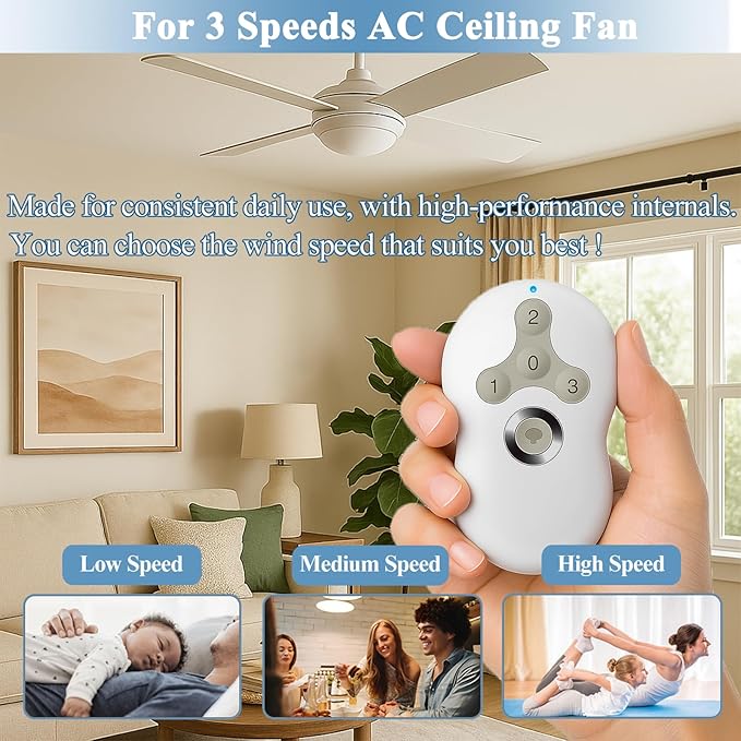 Ceiling Fan Remote Control Replacement for Hunter, Compatible with Hunter Remote 99122/99123, 3 Speed, Light Dimmer, 434MHz, Easy to Set with Mount Holder, Remote only - Receiver Not Included