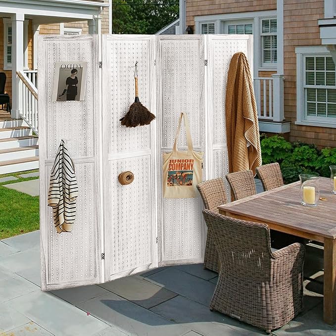 Asnefeli Pegboard Display Room Divider with 16 Hooks, 4 Panel 5.6Ft Wood Room Divider Folding Privacy Screen, Portable Freestanding Wall Organizer for Retail Craft Art Display Board, White
