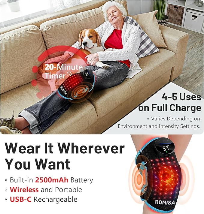 ROMISA Red Light Therapy Knee Brace & Vibration Knee Massage, 660nm & 850nm Rechargeable Near Infrared Light Therapy Device for Knee/Elbow/Shoulder for Cordless Use, Blue.