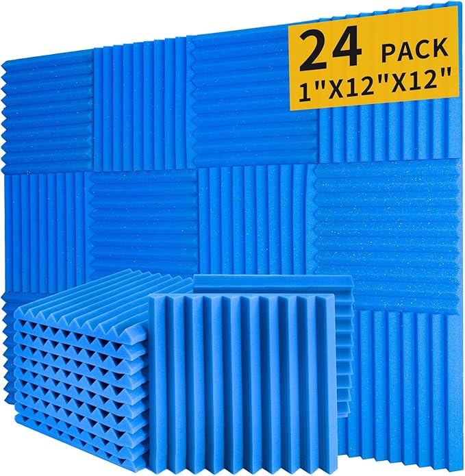 Saiqiang Blue Acoustic Panels 24 Pack 1 x 12x 12 Inches Sound Proof Foam for Wall Soundproof Noise Cancelling Wedge Studio Foam Panels Sound Absorbing High Density