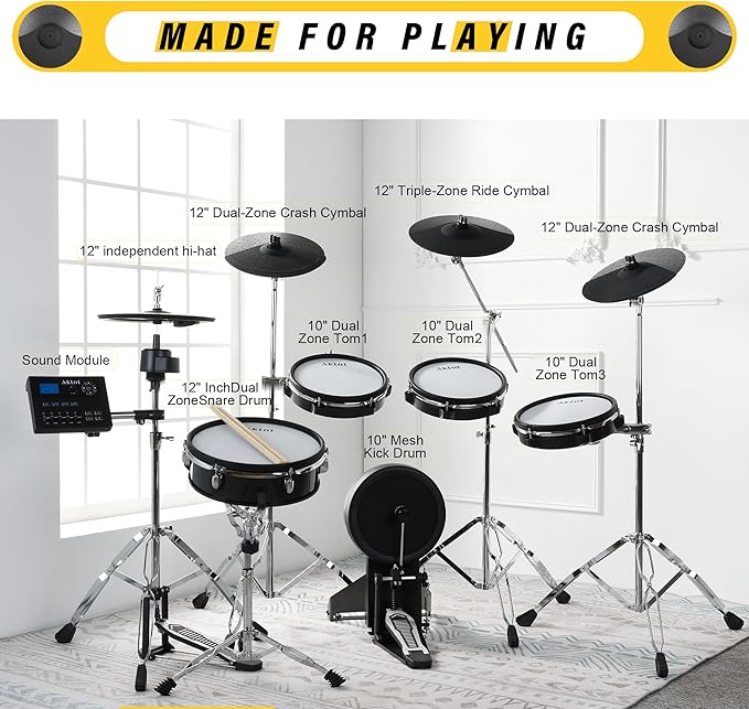 AKLOT Fully-Expandable Electric Drum Set: Independent Stand System, 12" Wooden Snare, Independent Hi-Hat and Triple-Zone Ride Cymbal, Mesh Bass Drum, 475 Sounds, Drum Sticks, Lesson Book (B-CORE546)