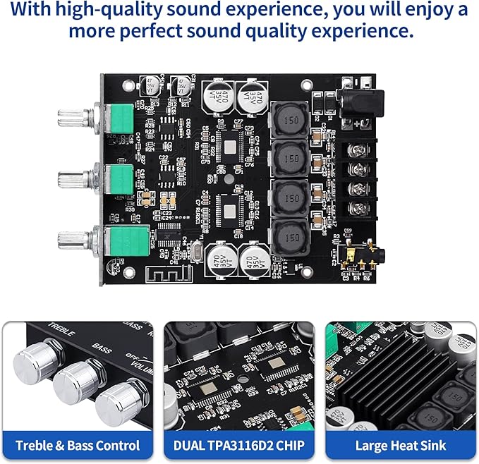 ARRAROWN ZK-1002T PRO 2.0 Channel Bluetooth 5.0 Amplifier Board 200W HiFi Subwoofer Audio AMP with Treble and Bass, BT USB and AUX Inputs, DC 12-24V 2.0 Channel Stereo AMP Module for DIY Speakers