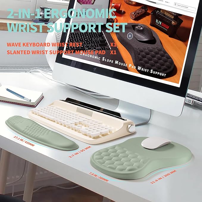 KUOSGM 2-in-1 Ergonomic Set, Wave Rise Keyboard Wrist Rest and Massage Bulge Slope Mouse Pad Wrist Support, Cushion Memory Foam Integrated to Relieve Wrist Pain, Light Green