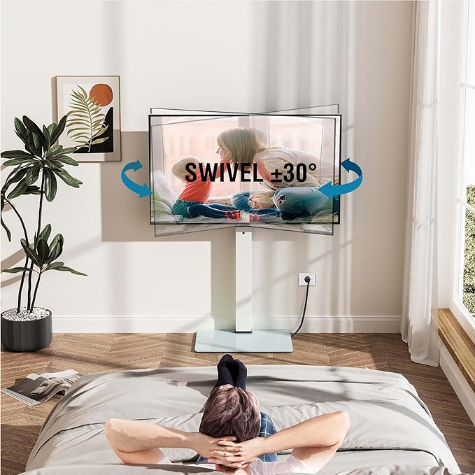 FITUEYES Floor TV Stand for 32-75 inch TV with Power Outlet, Tall TV Stand for Bedroom Living Room with Tempered Glass Base, Floor TV Mount Holds Up to 88lbs MAX VESA 600x400mm,Black