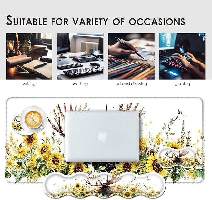 BFUKVOU Large Keyboard Mouse Pad Set, Extended Mouse Pad+Keyboard Wrist Rest Support, Memory Foam Ergonomic Easy Typing, 4Pcs (31.5×11.8 in) Desk Pad Set for Office Home,Deer and Sunflowers