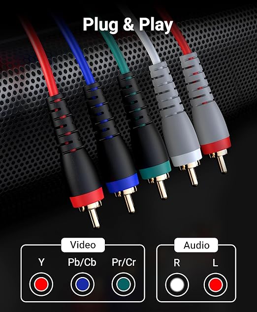 BlueRigger Component Video Cable with Audio (6FT, RCA- 5 Cable, Supports 1080i) - Compatible with DVD Players, VCR, Camcorder, Projector