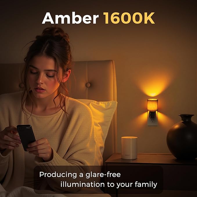 L LOHAS LED Night Lights Plug into Wall, Linen Fabric Cylinder Decor Night Light, Dusk to Dawn Sensor Vintage Nightlight, Amber Warm 0-100LM Dimmable, for Bedroom Living Room Hallway