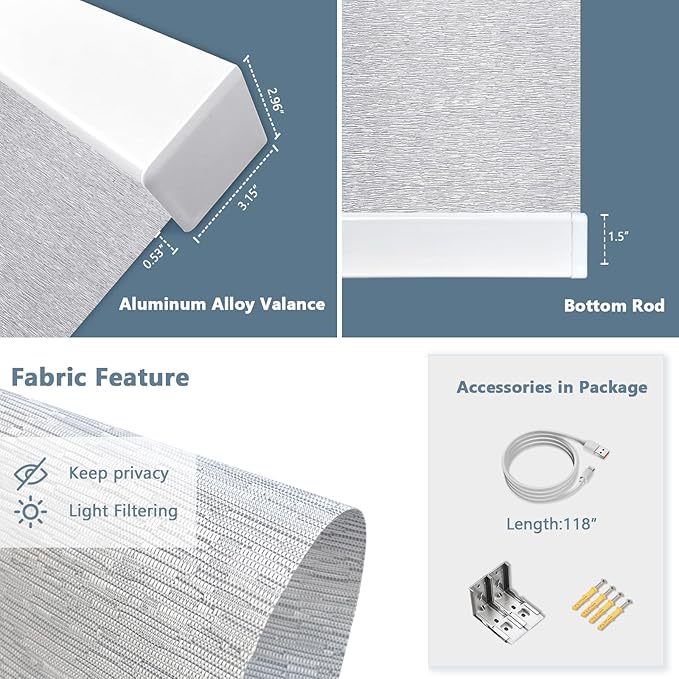 COOLWINDS Motorized Blinds with Remote Cordless Automatic Motorized Shades Custom Blinds for Windows Smart Curtains Compatible with Alexa Google Home(Light Filtering Jacquard Grey,W60 x H72in)