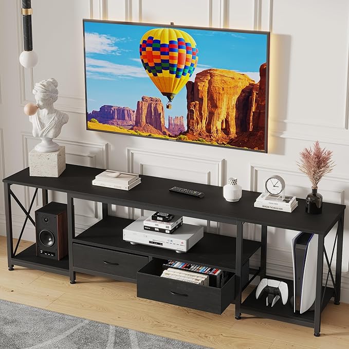 GYIIYUO TV Stand with Fabric Drawers for 75 80 Inches TV - Entertainment Center and Industrial TV Console Table with Open Storage Shelves for Living Room, Bedroom- 71.5" Black