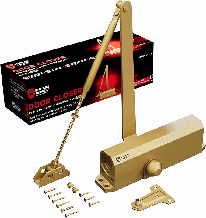 PrimeWare DC-600 Automatic Adjustable Door Closers for Home | Soft Close, No Slam | Residential and Commercial Door Closer | Level 1-6 | for Doors Weighing 30-300 lbs | Hydraulic Door Spring - Gold