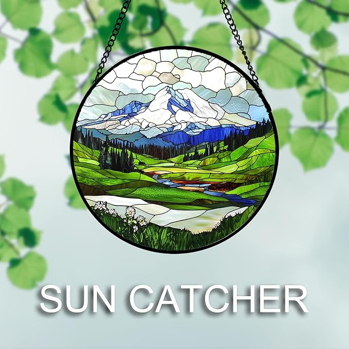 DASTOLL Stained Glass Window Hanging 4 Pcs Set Mountains Lake Green White Landscape 6.3" - Suncatcher Door Garden Sun Catcher Decor Birthday Christmas for Mom Woman Nana Men