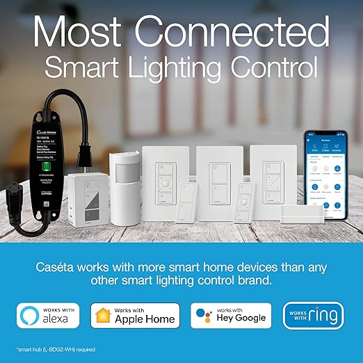 Lutron Caseta Original Smart Light Switch 5 Pack (Lutron Smart Hub Required), for Home, LED Lights, and Fans, 6 Amp, Single-Pole/3-Way, Neutral Required, PD-6ANS-WH, White
